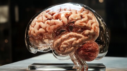 Fototapeta premium Explore the intricacies of the human brain through a detailed glass model showcasing anatomy, neurons, cognition, and function.