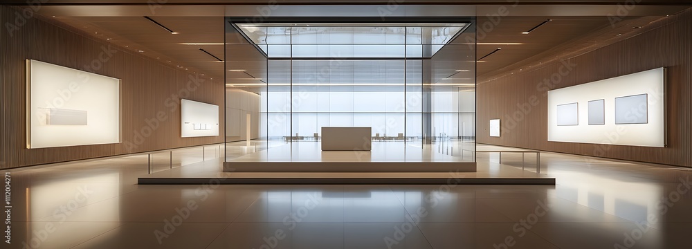 Poster a transparent podium in an expansive gallery space with clean lines and soft lighting, offering an i
