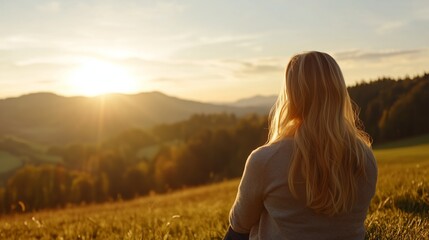 Sunset view over rolling hills with a woman enjoying the serene landscape