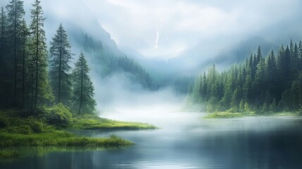 Fototapeta premium A tranquil scene of fog enveloping a serene river surrounded by lush green trees, symbolizing calm, nature, beauty, reflection, and peace.