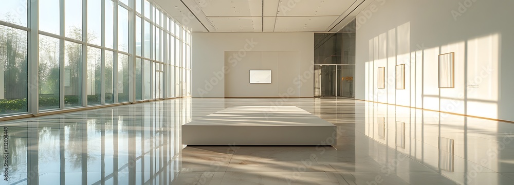 Poster a transparent podium in an expansive gallery space with clean lines and soft lighting, offering an i