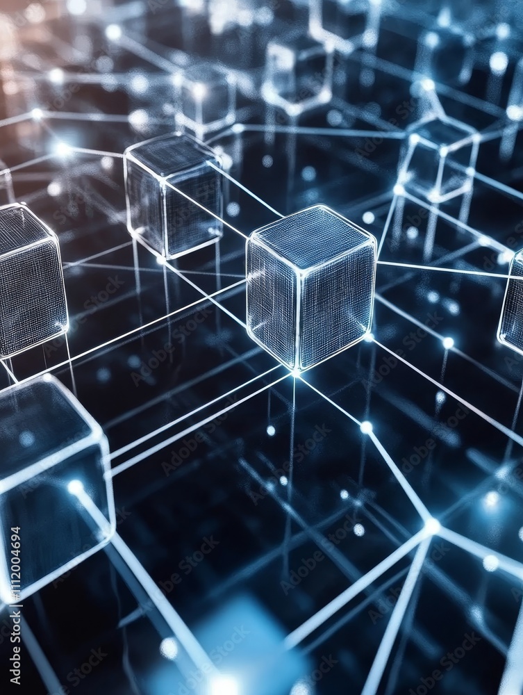 Poster interconnected blocks symbolize security, technology, connectivity, digital innovation, and blockcha