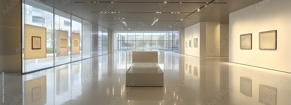 Poster a transparent podium in an expansive gallery space with clean lines and soft lighting, offering an i
