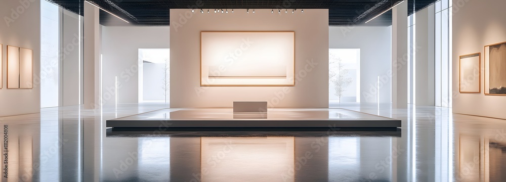 Poster a transparent podium in an expansive gallery space with clean lines and soft lighting, offering an i