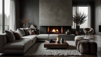 Elegant rustic minimalist living room with a corner sofa, plush grey and fur cushions, and a glowing fireplace centerpiece