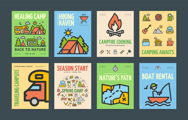 Camping Concept Vertical Invitation Placard Poster Banner Card Template Set. Vector illustration of Campfire Cooking, Boat Rental Service and Travelling Campsite