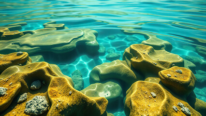 clear sea water over yellow and brown rock abstract background,  warm sunlight, beachy atmosphere,  earthy tones,  turquoise water,  serene scenery