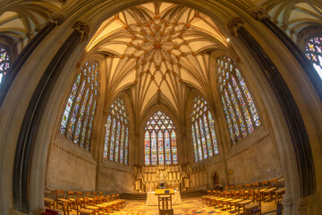 Fototapeta premium Wells cathedral is set in the medieval heart of England's smallest city and formally the Cathedral Church of St. Andrew, Somerset England.