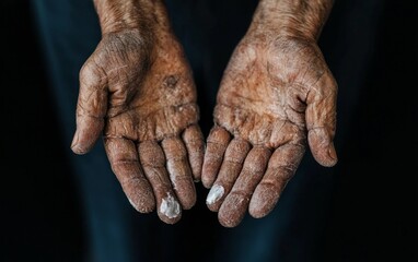 Weathered hands open in a gesture of offering, showcasing age and experience against a dark background.