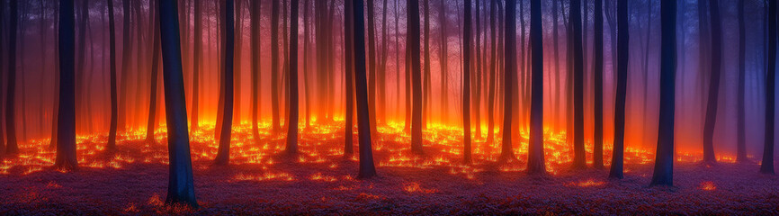 Explore the enchanting beauty of misty forests illuminated by firelight - The captivating scene of woodland bathed in ethereal hues showcasing firelight fog and tranquility in nature