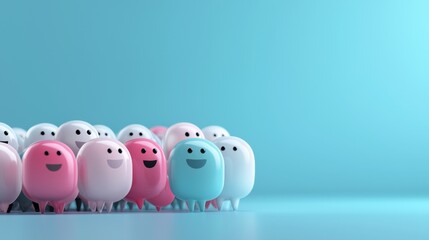 Colorful, cartoonish characters with happy expressions stand together against a blue background.