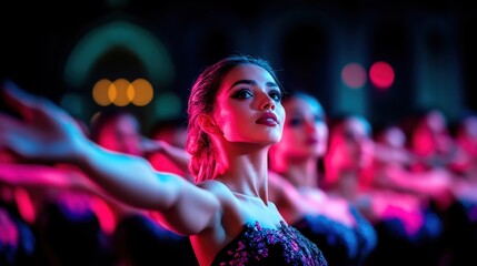 A poised dancer performs gracefully on stage, bathed in dramatic lighting, showcasing elegance and artistry, while a group of dancers is visible in the background.