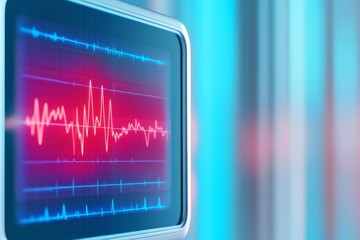 A digital screen displays a vibrant ECG waveform in red and blue, representing heart activity in a modern medical setting.