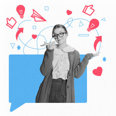 Contemporary art collage. Smiling young professional surrounded by vibrant icons symbolizing ideas,...