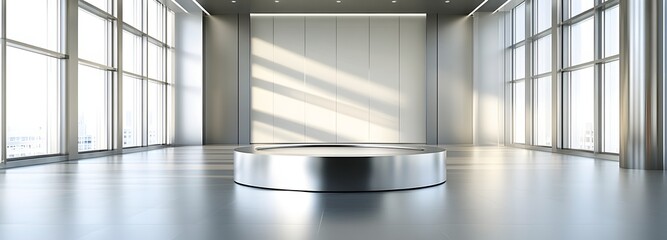 Obraz premium A circular metallic podium surrounded by a vast, open room with bright natural light, smooth walls, and soft overhead lighting, offering an ideal space for showcasing high-end products