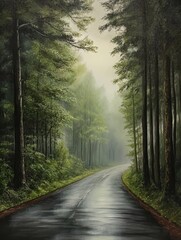 Fototapeta premium Exploring the Serene Road Ahead Through the Misty Forest - A captivating view of a tranquil road winding through a lush, misty forest. This scene embodies beauty, peace, nature, exploration, and tranq
