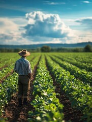 Fototapeta premium Farmer Admiring Vibrant Green Crops in Expansive Field - Farmer Admiring Vibrant Green Crops in Expansive Field showcasing hard work, nature's beauty, cultivation, growth, and sustenance.