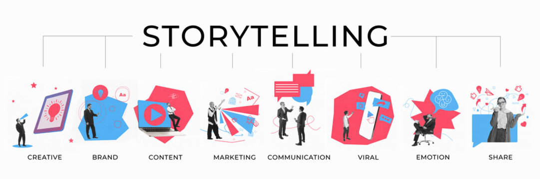 Banner. Contemporary art collage. Key elements of storytelling, including creativity, communication, and digital branding, for impactful marketing campaigns. Concept of business, marketing. Ad