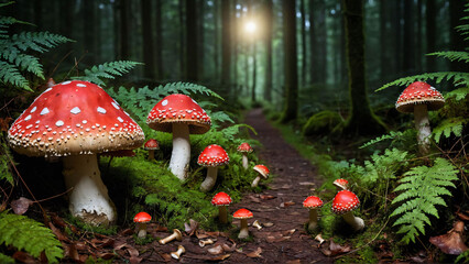 fly agaric on moss-covered forest floor