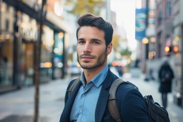 Fototapeta premium A confident man with a backpack strolls through a city street, exuding assurance amidst the blurred backdrop of urban life, suggesting exploration and curiosity.