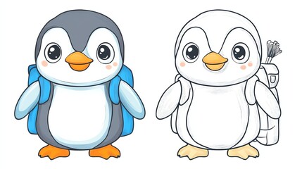 Fototapeta premium Two cute cartoon penguins wearing hats and backpacks.