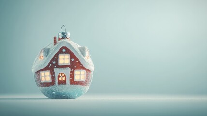 Minimalist Christmas ornament in the shape of a cozy, glowing house on a soft blue background. Perfect for holiday designs, greeting cards, or winter marketing materials