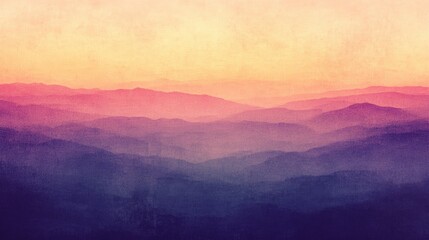 Obraz premium A serene landscape of purple and orange hues at sunset, showcasing layered mountains fading into the distance.