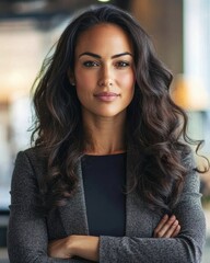 Confident woman in a professional setting with arms crossed.