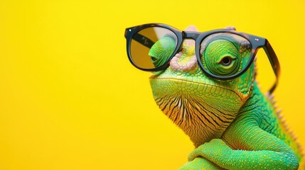 Obraz premium Chameleon lizard with sunglasses on yellow
