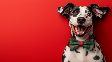 A top-down view of an excited Dalmatian lying diagonally on a bright red background, wearing a green bow tie with Christmas patterns. The dog’s black and white coat and cheerful, wide smile radiate ho