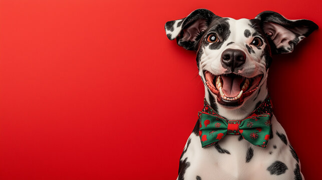 A top-down view of an excited Dalmatian lying diagonally on a bright red background, wearing a green bow tie with Christmas patterns. The dog’s black and white coat and cheerful, wide smile radiate ho