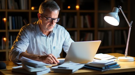 Fototapeta premium Professional Man Working Late at Home Office Desk with Laptop