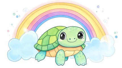Obraz premium A cute cartoon turtle with a rainbow above it.