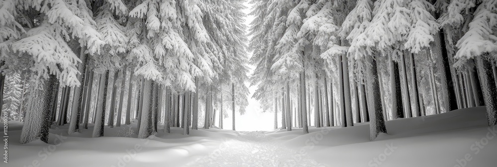 Aufkleber front view of towering fir trees covered in thick snow - scenic view of towering fir trees blanketed