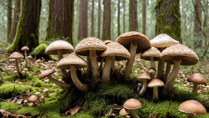 cluster of small mushrooms with brown caps