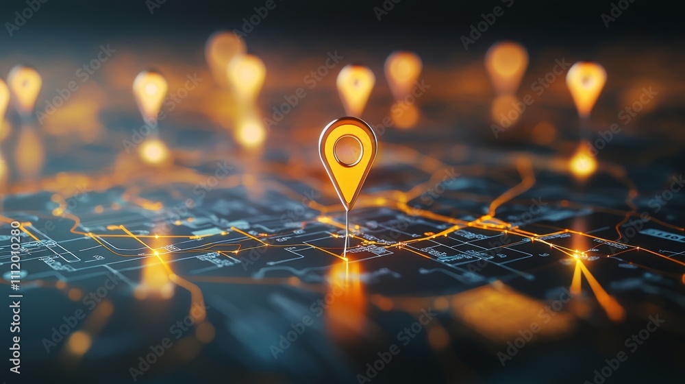 Poster digital map with glowing location pins illustrating navigation and geolocation technology.