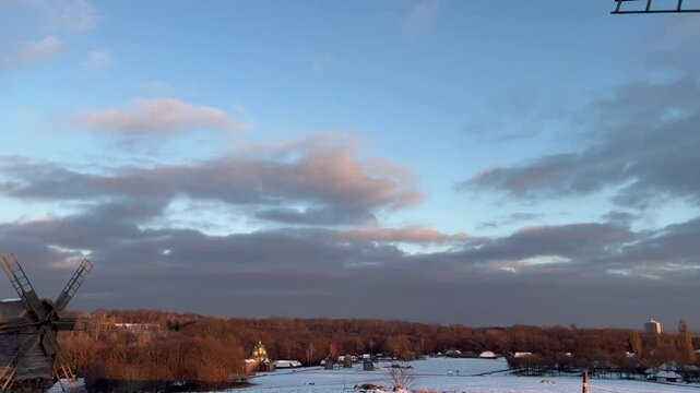Winter landscape in an old village. The Pyrohiv Historical Museum in Kyiv, Ukraine. 