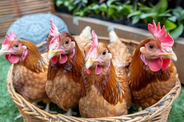 Naklejka premium A group of four vividly colored hens snugly situated in a basket, placed against a lush, green backdrop, showcasing the tranquil life on a farm.