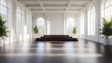 Fototapeta premium A dark wooden podium set against an expansive, bright room with high ceilings, natural light, and white walls, creating a refined space for product presentation