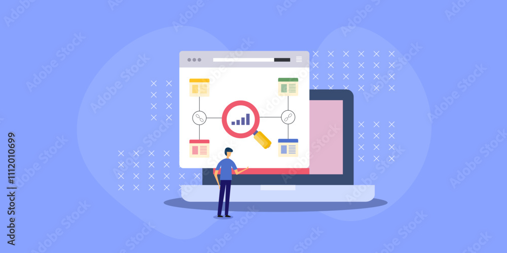 Poster seo website link building analytics and report concept. search engine marketing and keyword content 