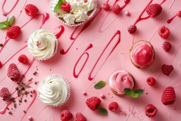 A variety of pink cupcakes complemented by raspberries and artistic drizzles, all placed on a pastel pink background, creating a delightful dessert arrangement.