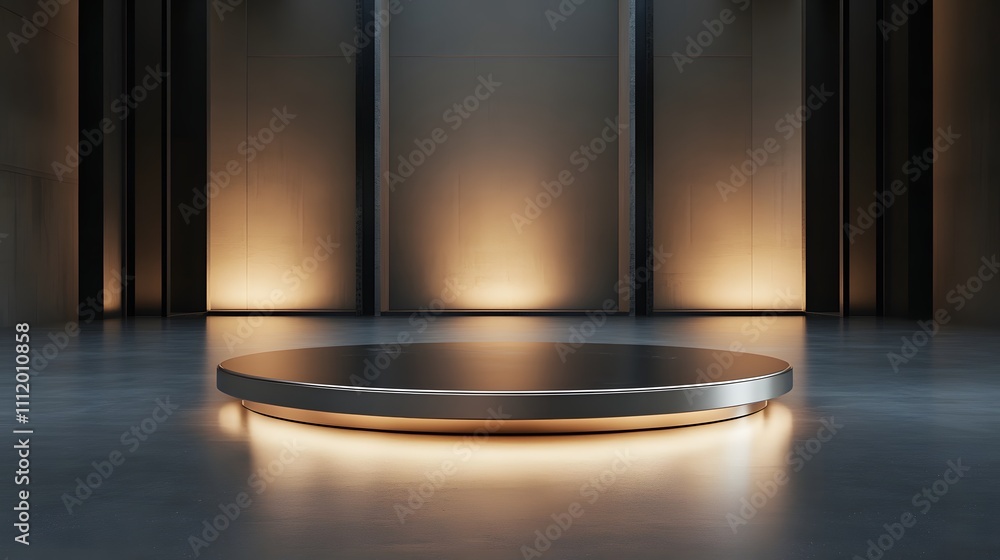 Poster a floating metallic podium in the center of a large, empty hall with smooth floors and clean lines, 