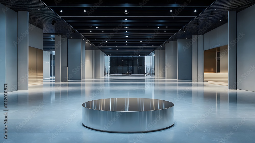 Poster a floating metallic podium in the center of a large, empty hall with smooth floors and clean lines, 