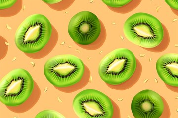 Fototapeta premium A pattern of juicy green kiwifruit slices set against an orange background with scattered seeds, capturing a vibrant and fresh visual appeal in this delightful image.