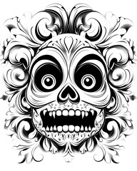 A skull with a mouth open and teeth showing. The skull is surrounded by a flowery design