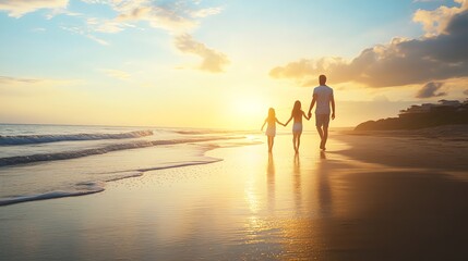 A father and his two daughters walk along a beach at sunset, holding hands.