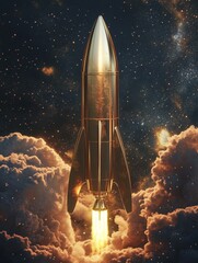 Obraz premium Golden Rocket Ascending Through Cosmic Clouds - A stunning golden rocket soaring through starry skies, symbolizing exploration, adventure, technology, power, and innovation.