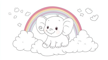 A cute cartoon baby elephant sitting on a cloud with a rainbow above.
