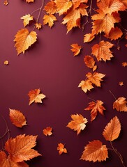 Dry orange metallic leaves scattered on a deep purple background create a striking visual effect, dry orange metallic leaves, abstract patterns