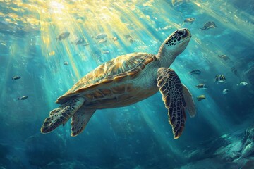 A serene underwater scene featuring a swimming sea turtle amidst fish.